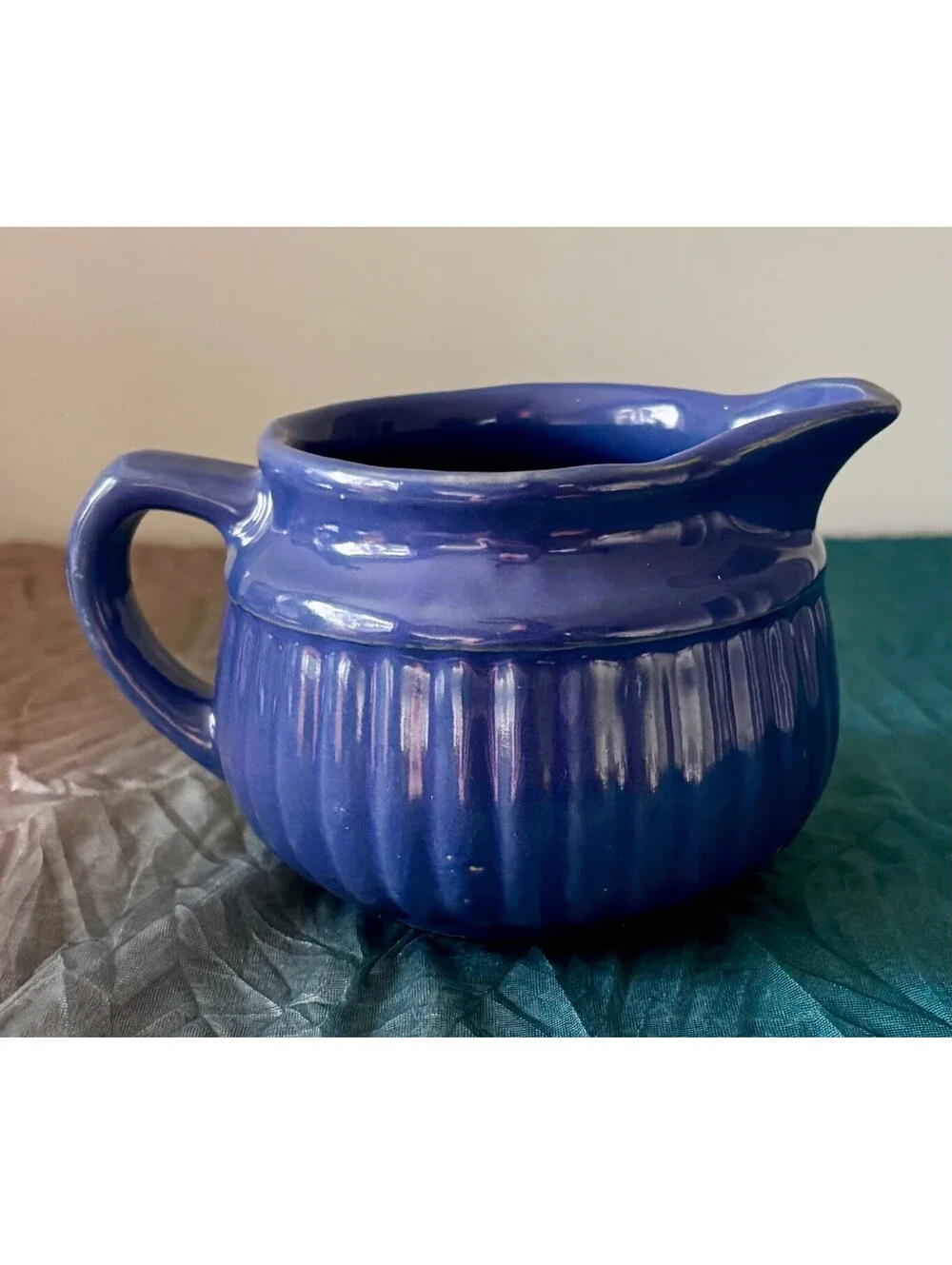 Vintage Cobalt Blue Pottery Creamer Pitcher Ribbed Ceramic Farmhouse